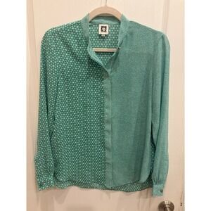 Anne Klein Women Blouse Green White Geometric Mixed Print Mandarin Collar PS